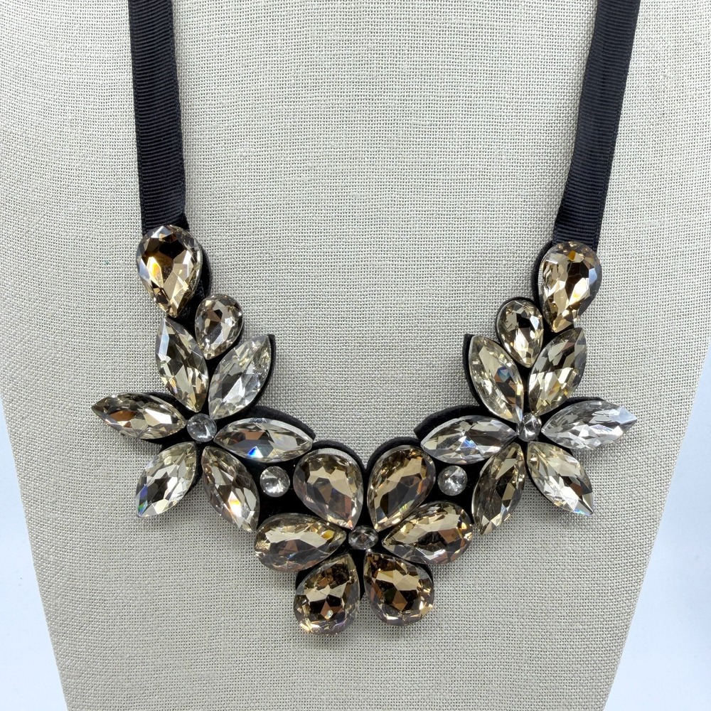 Champagne Rhinestone Floral Bib Necklace Black Ribbon Tie Statement Bridal Glam